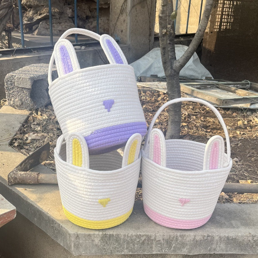 Grey And White Stitching Charming Easter Egg Tote Basket - Cute Rabbit-Themed Handwoven Cotton Rope Candy Holder